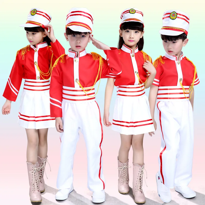 

Children Drum Team Costume Children School Stage Performance Uniform Drum Majorette Child Costume Top+Skirt/Pants+Hat 18