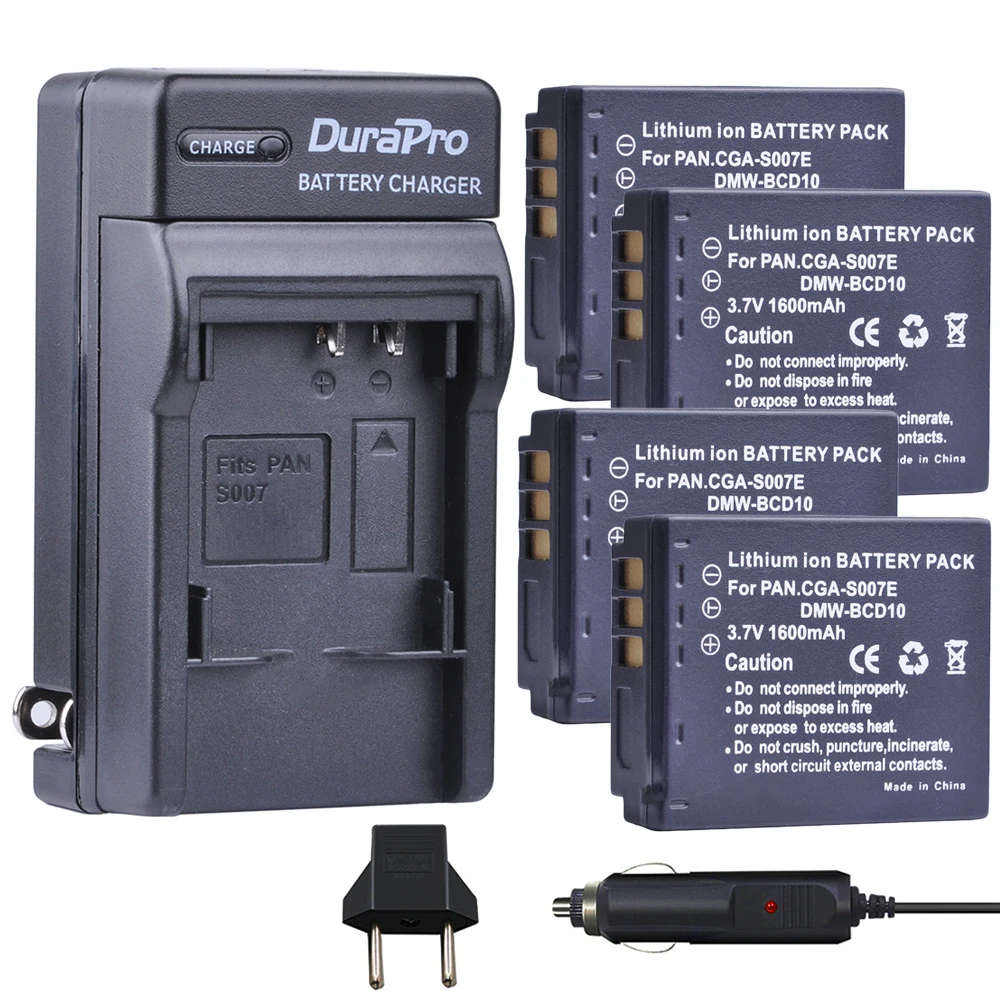 

4 шт. CGA-S007E CGA-S007 CGA S007 DMW-BCD10 литий-ионная батарея + Автомобильное зарядное устройство для Panasonic DMC TZ1 TZ2 TZ3 TZ4 TZ5 TZ11 E1032P TZ50 TZ15