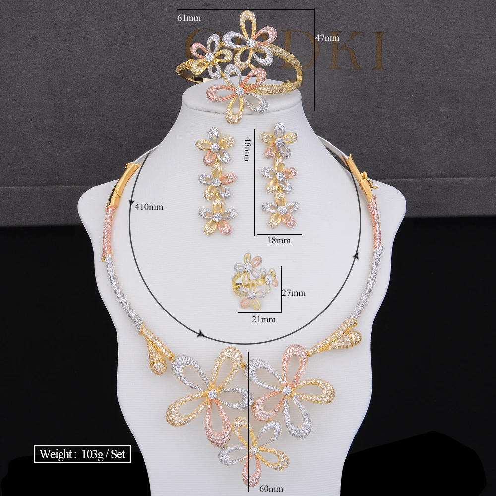 

SISCATHY 2019 Luxury 4PCS Flower Necklace Earrings Bangle Ring Jewelry Sets Wedding Accessories Fashion Jewelry Sets for Women