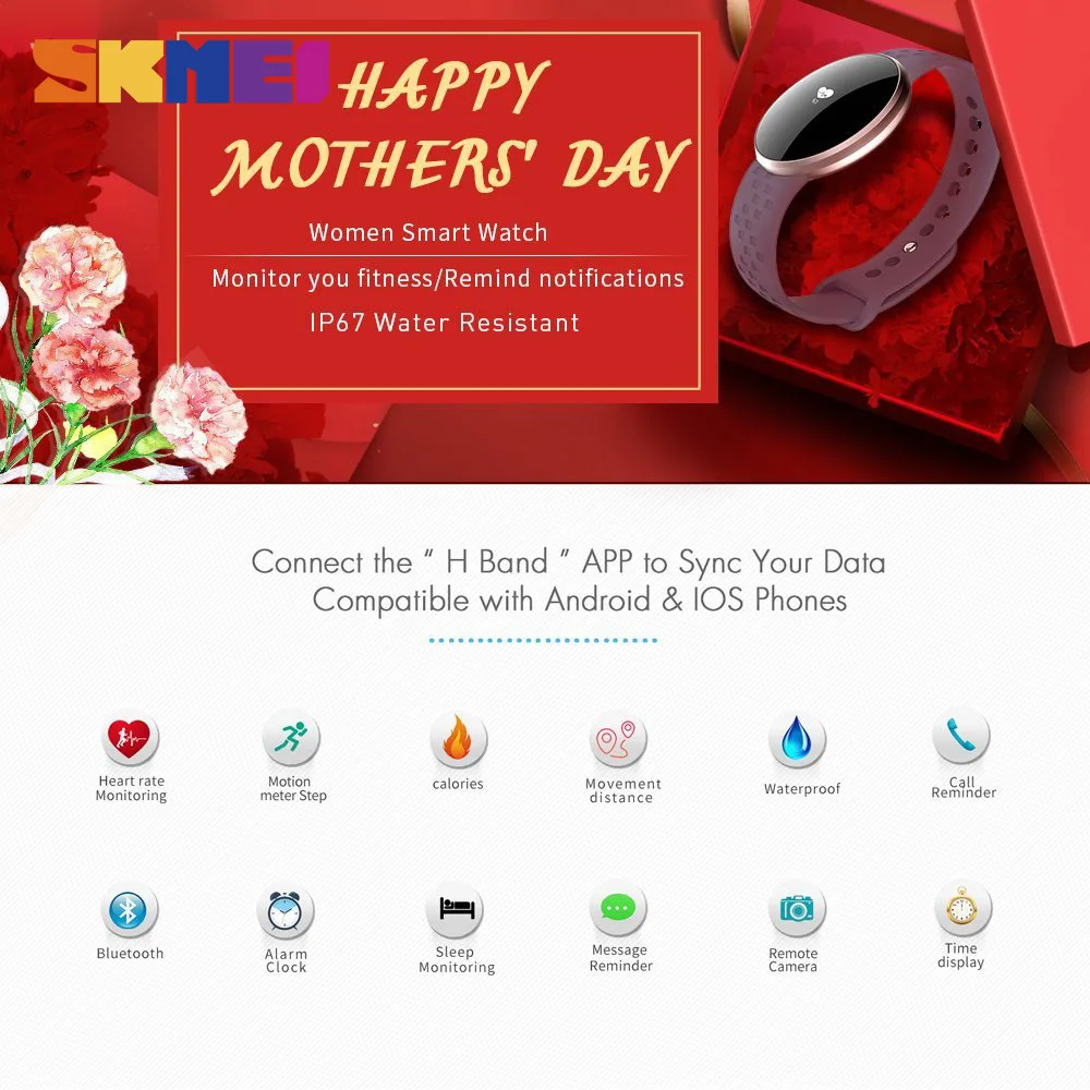 SKMEI Для женщин модные часы Smart Watch для IOS Android с Фитнес мониторинг сна IP67