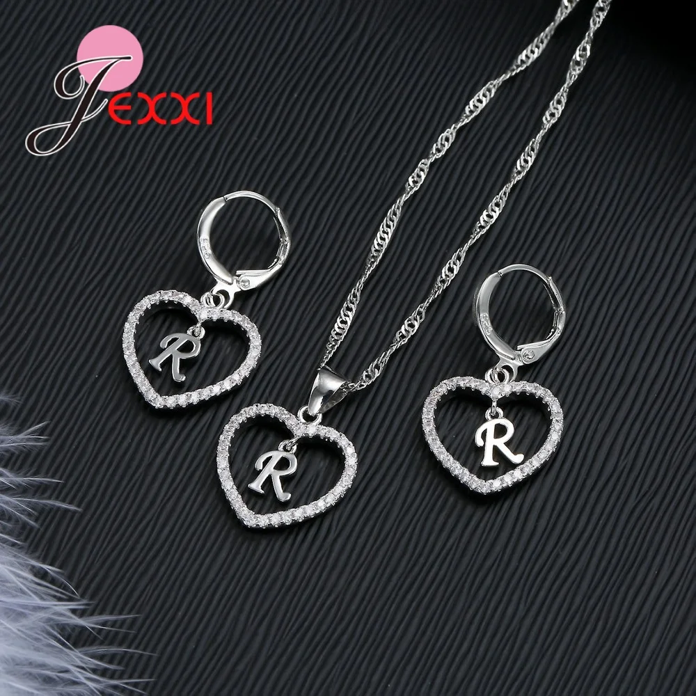 Fast Shipping 925 Sterling Silver Necklace Pendant Earrings Sets for Women Hot Letter Shape with Hollow Heart Crystal Set | Украшения и