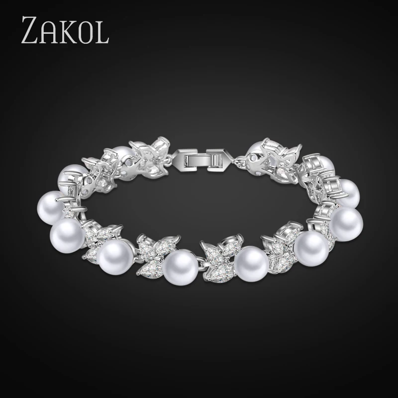 ZAKOL модные браслеты и браслеты с искусственным жемчугом и цирконием для женщин, свадебное платье FSBP127