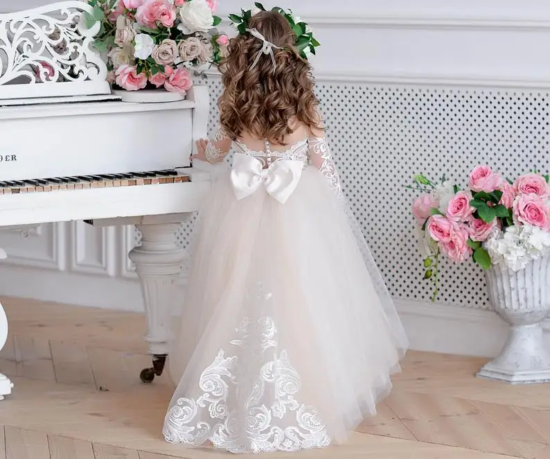 Ivory lace long sleeves sheer flower girl dress tulle Toddler illusion Bridesmaid dresses Baby special occasion gown for wedding |