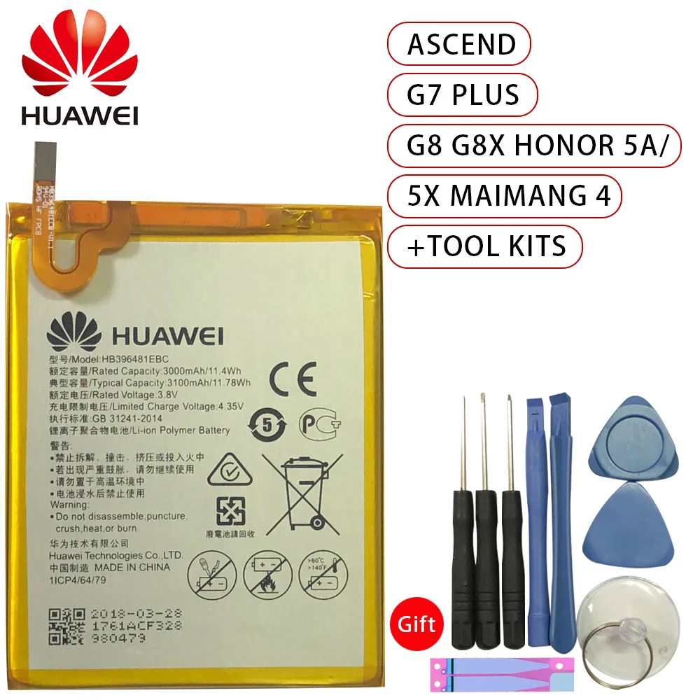 Оригинальный аккумулятор HB396481EBC литий ионный для телефона Huawei ASCEND G7 PLUS HONOR 5X G8 G8X RIO