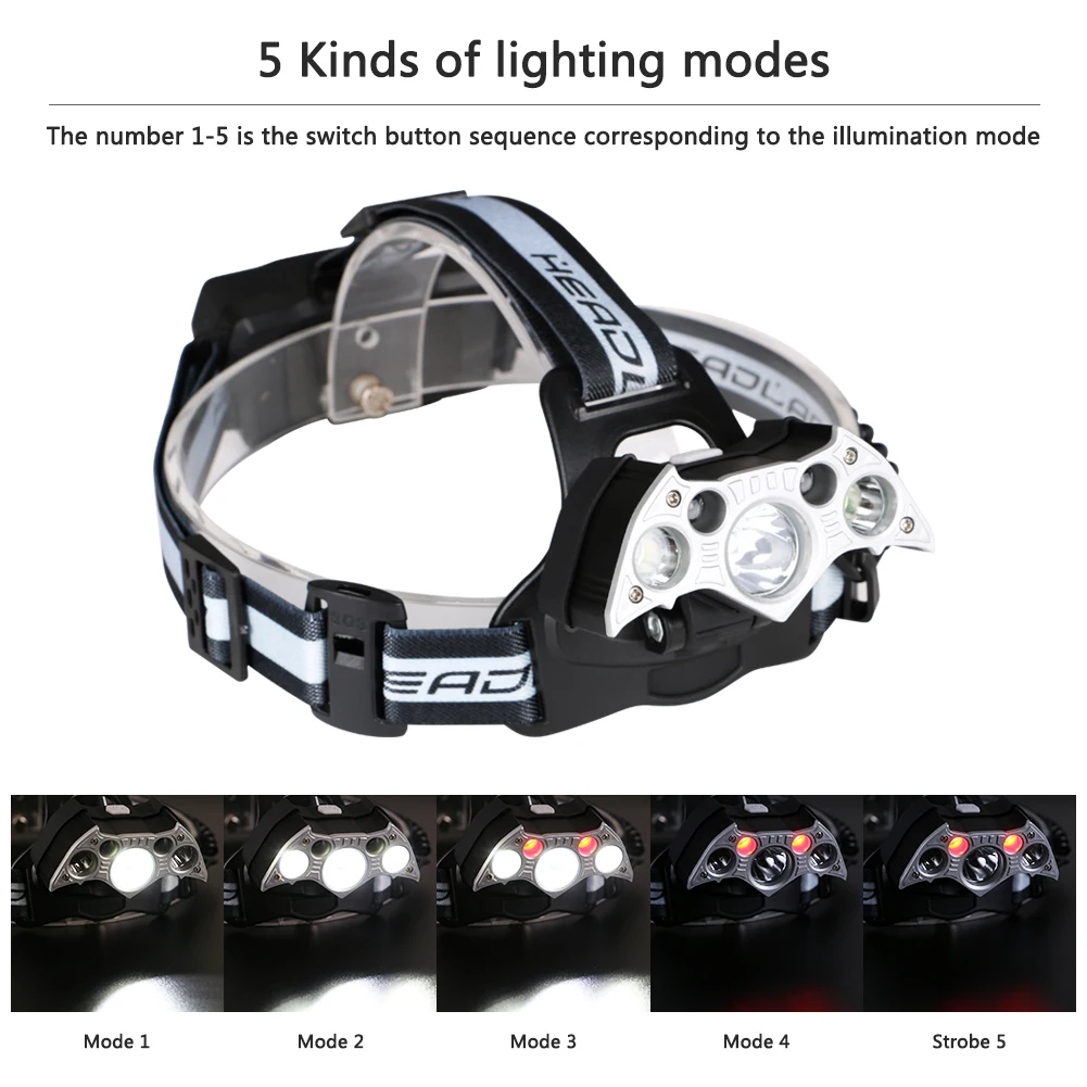 Высокомощный светодиодный налобный фонарь 3 * CREE XML T6 + 2 красный XPE Светодиодные