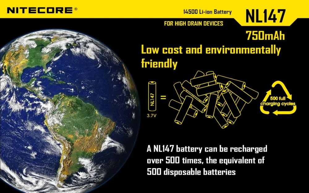 Topsale NITECORE NL147 14500 Li-on Аккумулятор 750mAh 3,7 V 2.8Wh защищенный перезаряжаемый Max 2A 500 циклов заряда-разряда