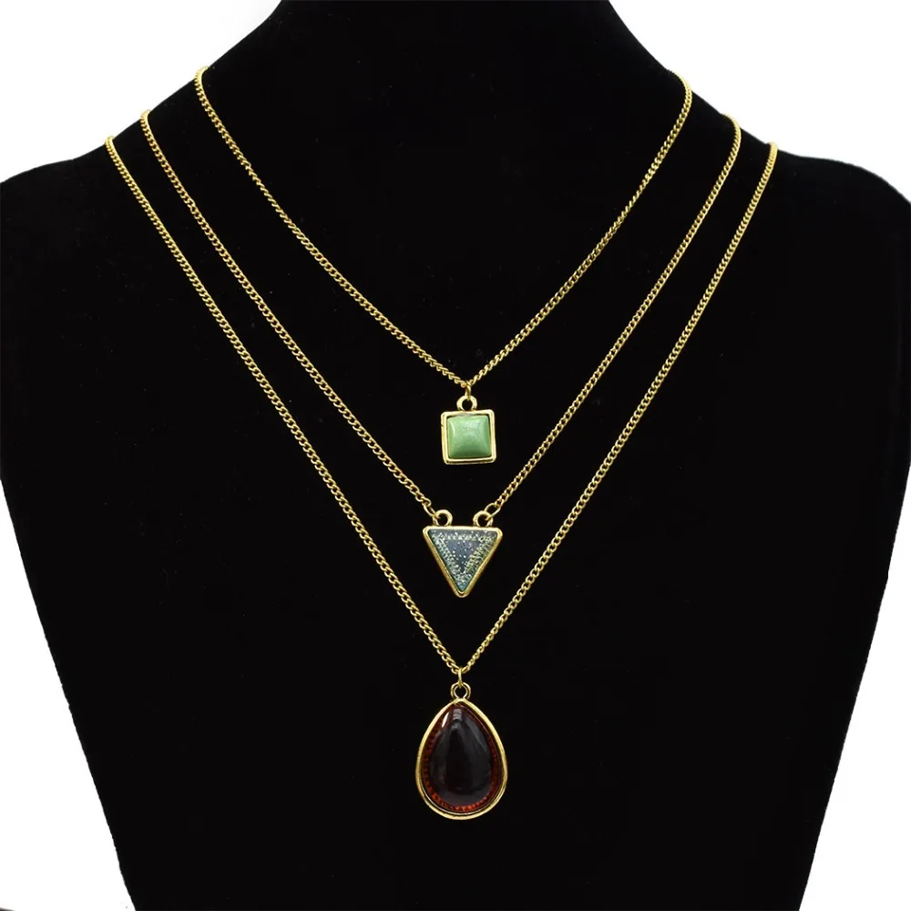 

Antique Elegant Three Multilayers Gold Metal Oval Triangle Square Geometric Pendant Necklace for Women Boho Choker Party Jewelry