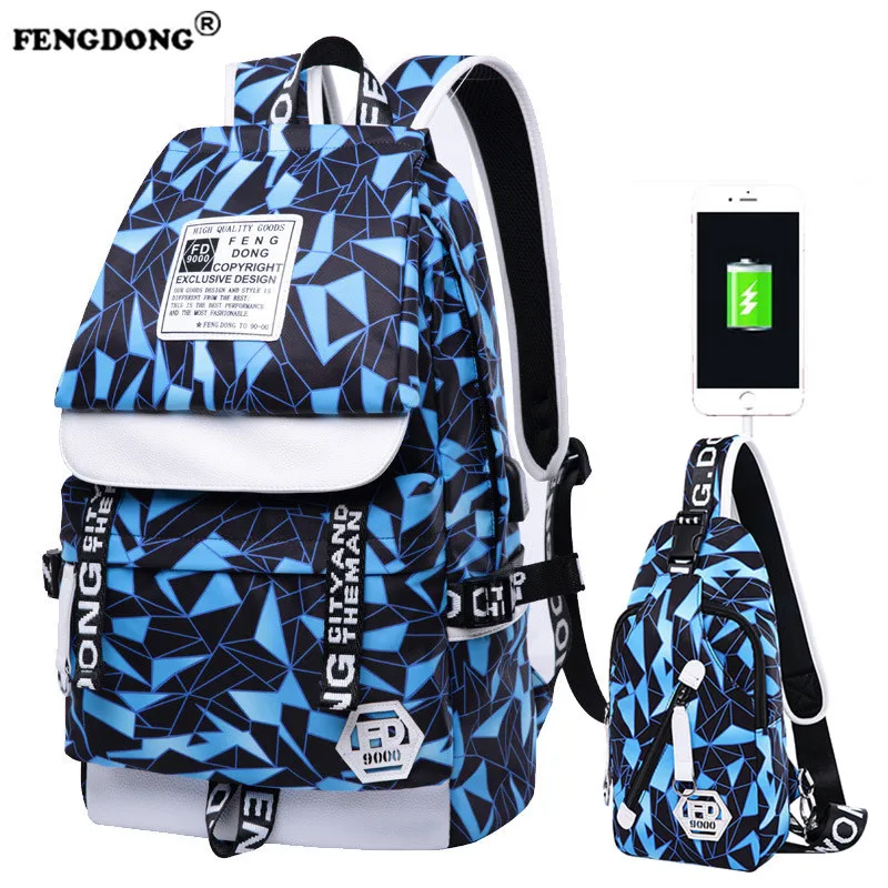 Fengdong Brand Design 2018 Fashion Backpacks Waterproof Nylon Women Backpack Female Geometric for Teenage Girls | Багаж и сумки