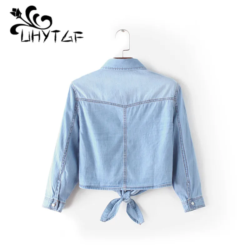 UHYTGF женская летняя куртка тонкая джинсовая шаль короткий топ на шнуровке одежда