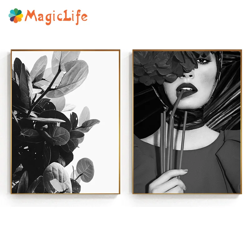 

Modern Black And White Pretty Girl Wall Art Childish Canvas Painting Nordic Plant PostersLiving Room Bedroom Decorative Unframed