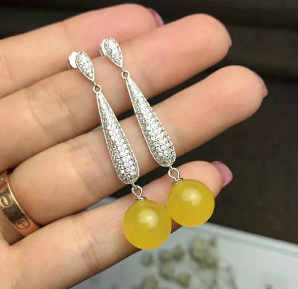 Женские серьги-подвески из серебра 925 пробы с натуральным халцедоном | Украшения