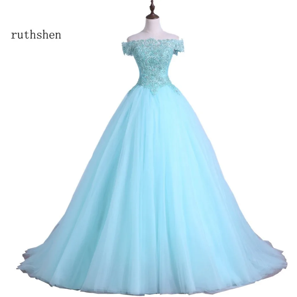 Ruthshen мятно зеленые платья для Quinceanera с открытыми плечами кружевные бусины Тюль