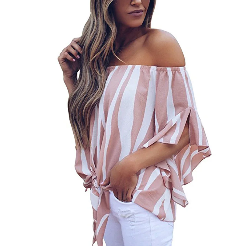 S-XL women casual leisure chiffon tops lady floral print striped tops sprint autumn short slash neck tops