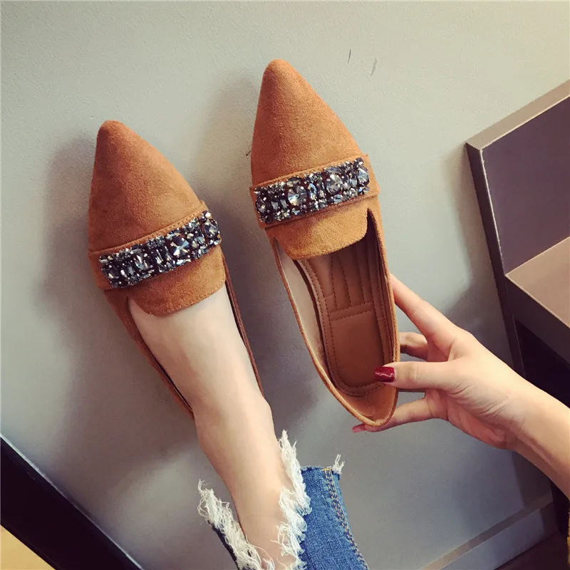 Горячие Женские балетки на плоской подошве обувь Острый носок Slip-On кристалл