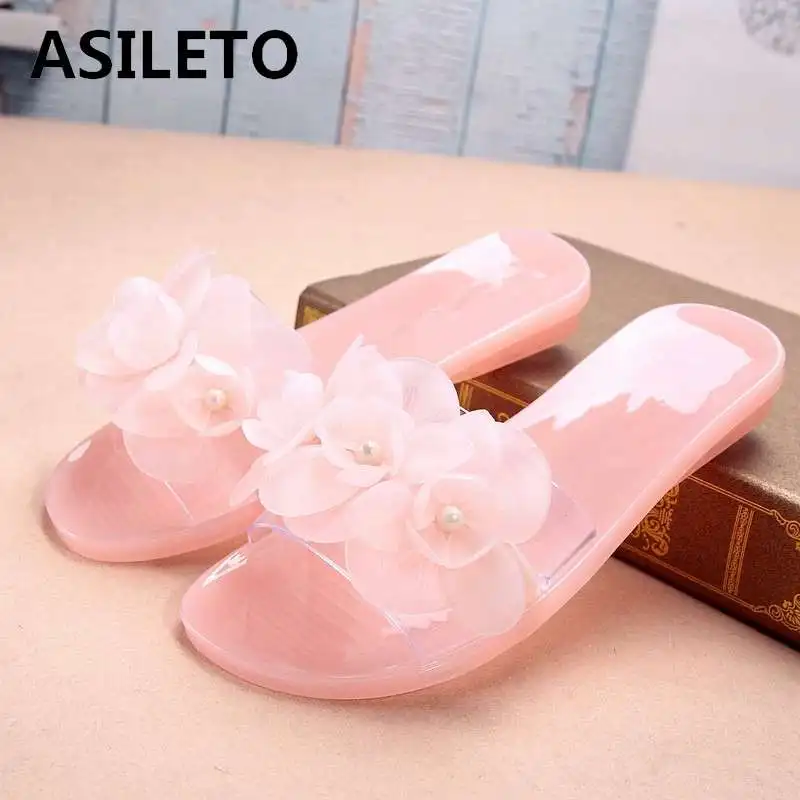 

ASILETO women slippers flower summer outdoor transparent slides anti slip jelly shoes flat slippers flip flops pantufas sapatos