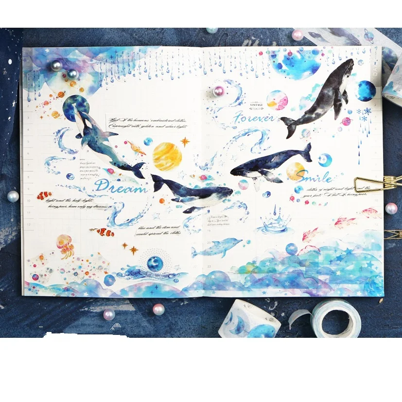 

Набор декоративных лент washi FJ165, лента для украшения альбомов, дневников, морских коньков, звезд, Луны, 6 шт.