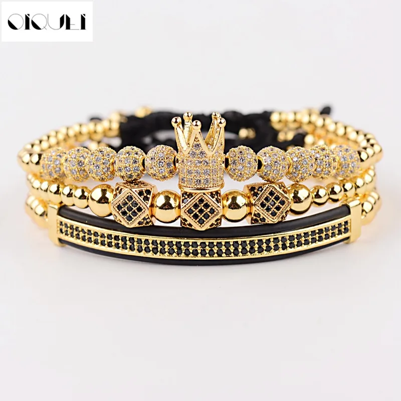

OIQUEI 3pcs /set Hip Hop CZ Polygon Ball Crown Charm Copper Beads Macrame Bracelets&Bangles Set Men Luxury Brand Mens Jewellry