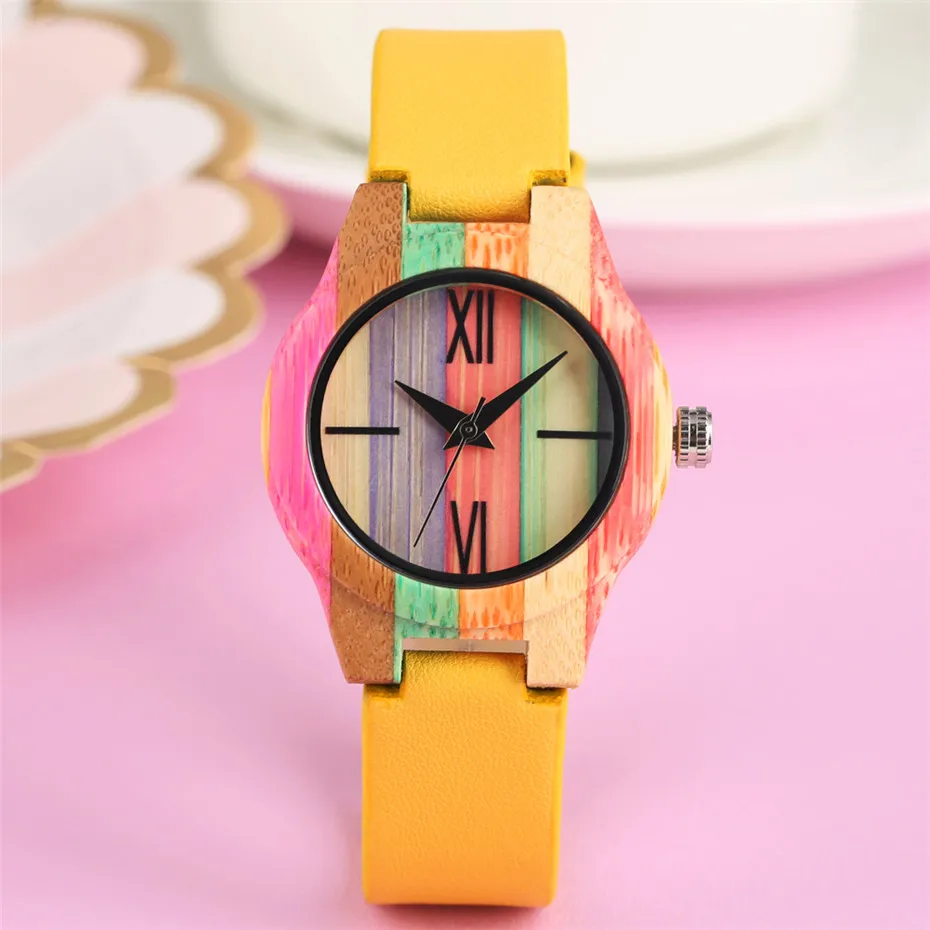 Trendy Lady Watch Quartz Movement Unique Yellow PU Leather Watch Strap Simple Roman Numerals Display Women's Watches Top Gift