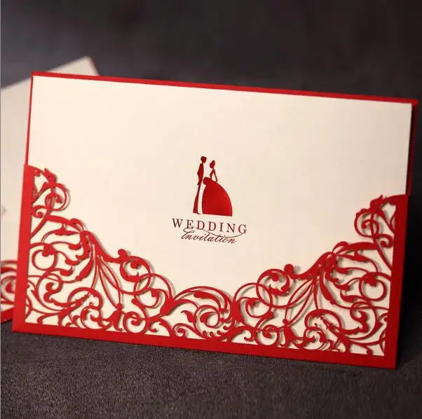 

30PCS/LOT Red Lace Pattern CW1011 Wedding Invitation Card With Envelope Accept Personality Customized