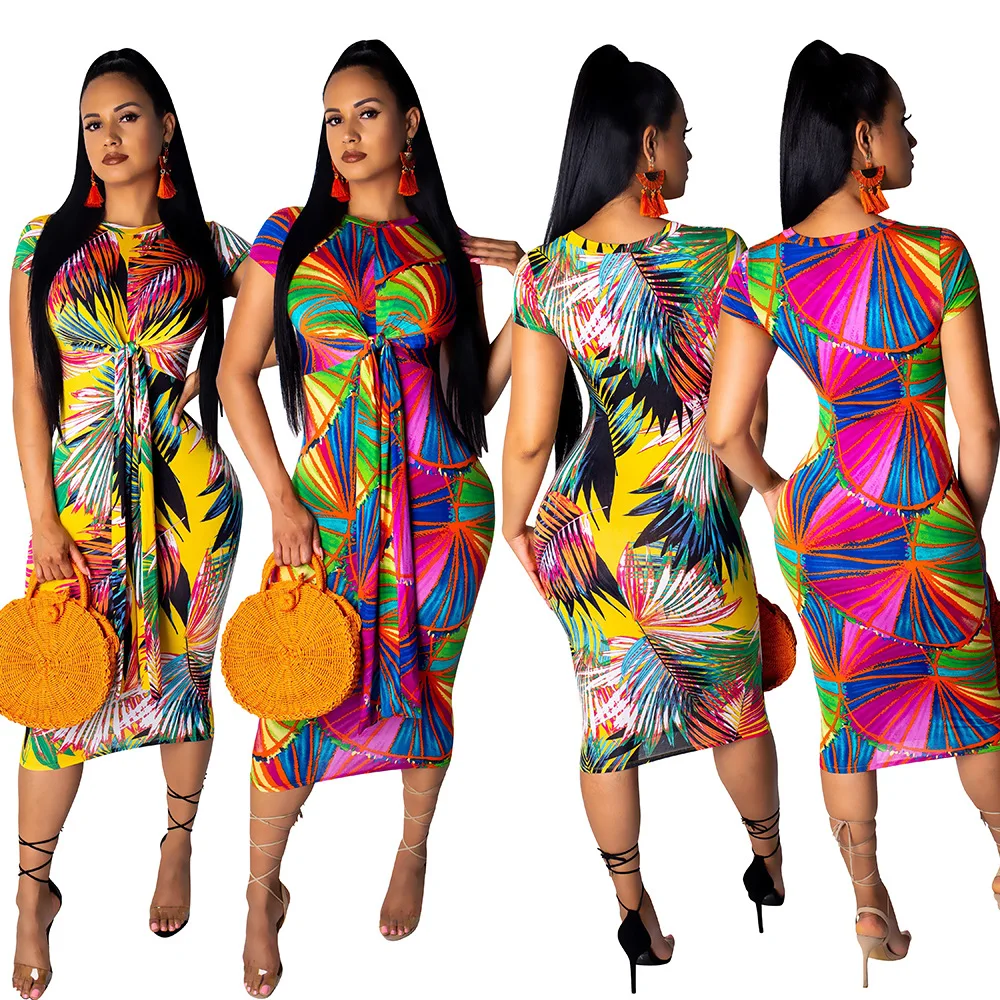 2019 женское новое летнее платье с коротким рукавом и принтом облегающее Платье До