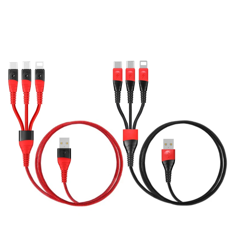 2 цвета черный + красный 3 в 1 USB кабель для iPhone 12 11 Pro Micro Тип C 2.4A провод Xiaomi Samsung S9
