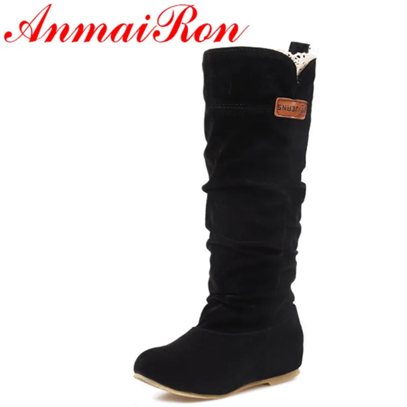 

ANMAIRON Women New Fashion Boots Spring & Autumn Boots Size 34-46 Black Flats Shoes Woman Winter Warm Fur Mid-calf Boots Shoes