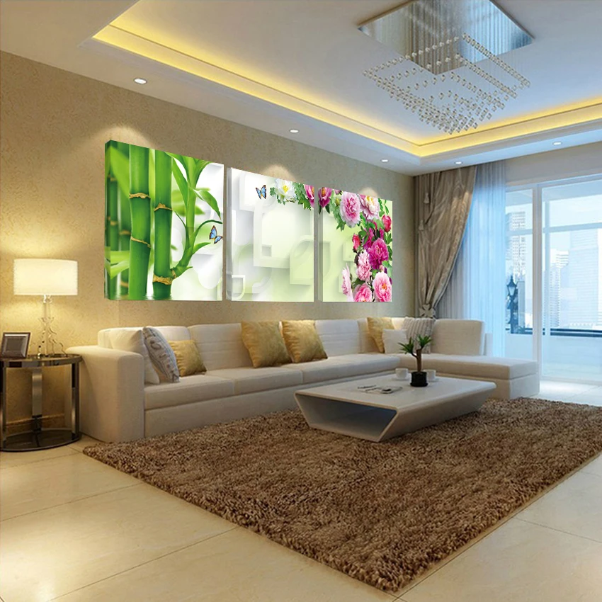 Бамбуковые пионы 3 предмета украшение для дома настенное искусство современная