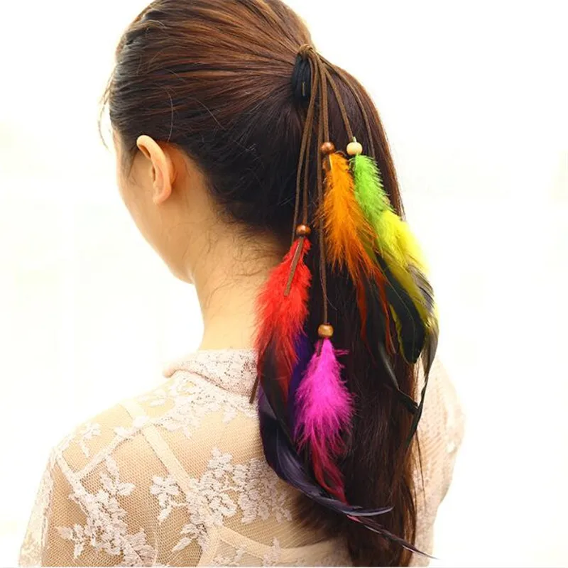 Bohemia Bead Feather Hair Tassel Rope Wig Braider Head Piece Headdress Ornaments For Women Girl Rubber Band Accessories |