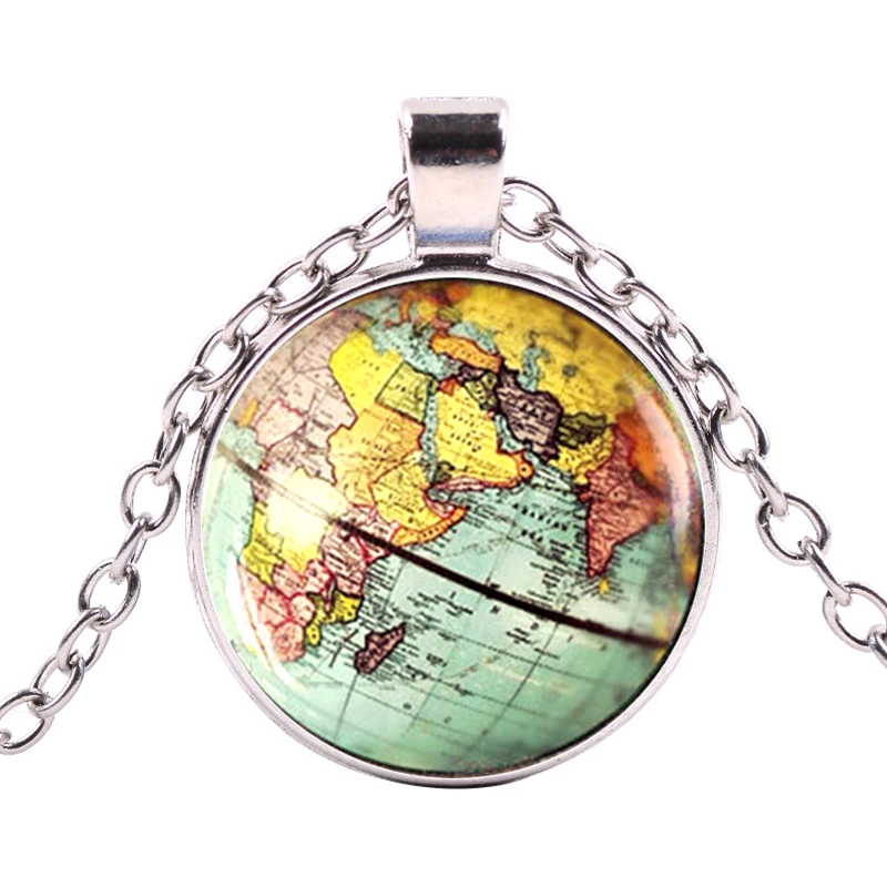 Vintage World Map Cabochon Tibetan Silver Plated Glass Chain Pendant Necklace | Украшения и аксессуары