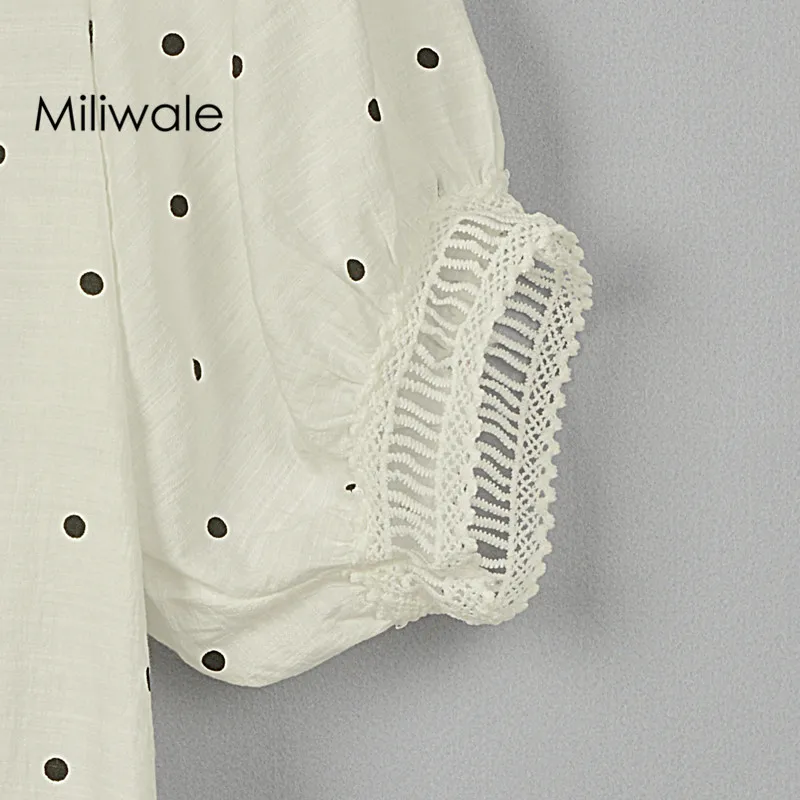 

New fashion summer loosen lantern sleeve V neck stand collar short sleeve pullover polka dot women shirt