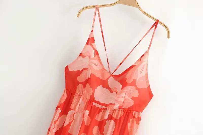 Boho Summer New Women's Fashion Chest Pad Flower Print Backless Lace Up Spaghetti Strap Sexy Holiday Maxi Dress L