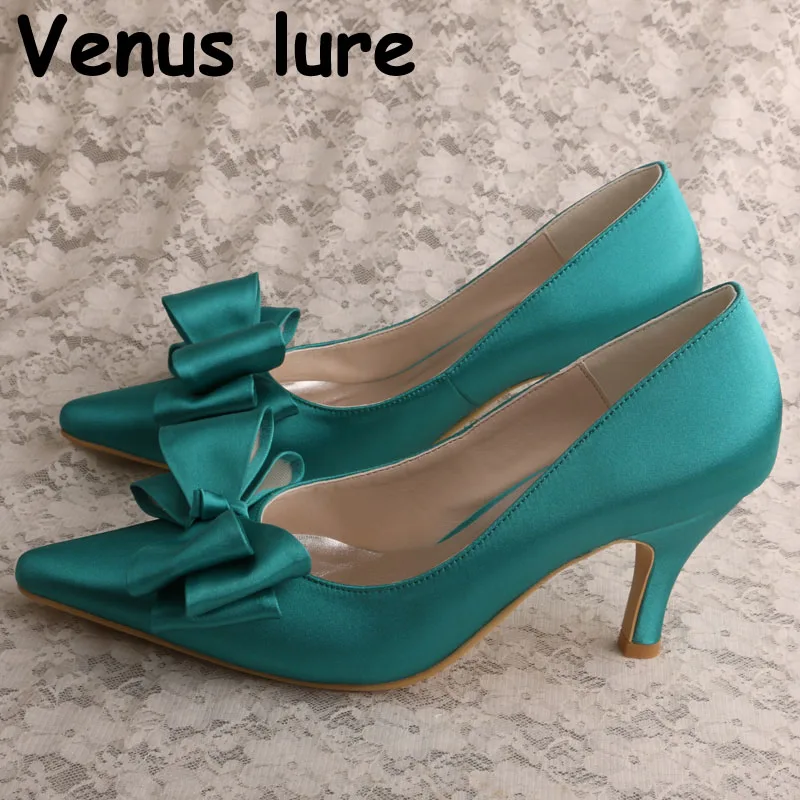 

Olive Green Satin Shoes Wedding with Bows Mid Heel Pointed Toe Ladies Pumps