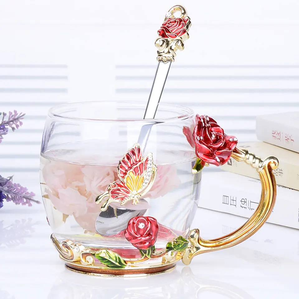 coffee cup CB279 Enamel Color Coffee /Tea Cup Glass Chinese Tea Cup Coffee Mugs Creative Heat-Resistant Glass Cups Set with Stainless Steel Spoon - Цвет: coffee cup CB279