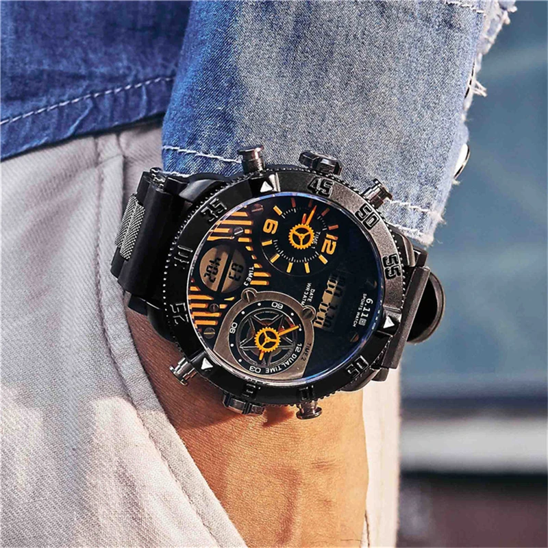 

New Fashion Big Dial Men Watches Sport Quartz Led Multiple Time Zone Creative Watches Digital Watch Waterproof Relogio Masculino