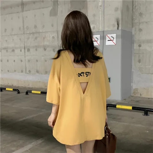 ShanH 9863 huang Harajuku креативная женская футболка с открытой спиной, летняя новая футболка с буквенным принтом, женские корейские повседневные свободные мягкие топы, Длинные футболки - Цвет: ShanH 9863 huang