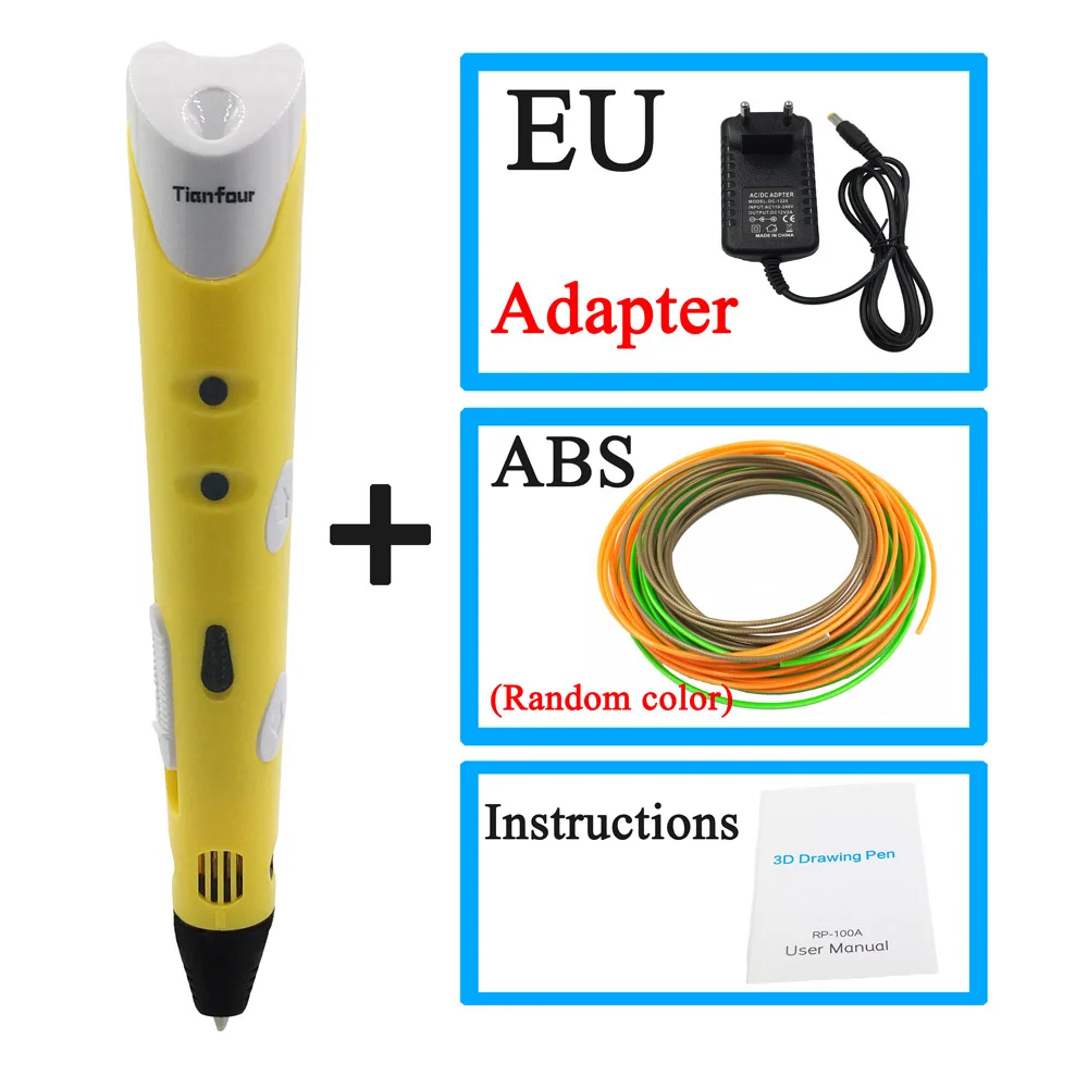 Yellow EU Tianfour 3d Ручка 1,75 мм ABS умная 3d Ручка для рисования 25 м/50 м/100 м нить бумага Модель Рисунок 3d печать Ручка Творческие игрушки - Цвет: Yellow EU
