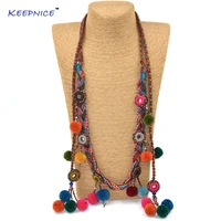 colthing accessories bohemian pompoms charm long beaded chains necklace handmade velvet ball pompous tassel boho maxi necklace