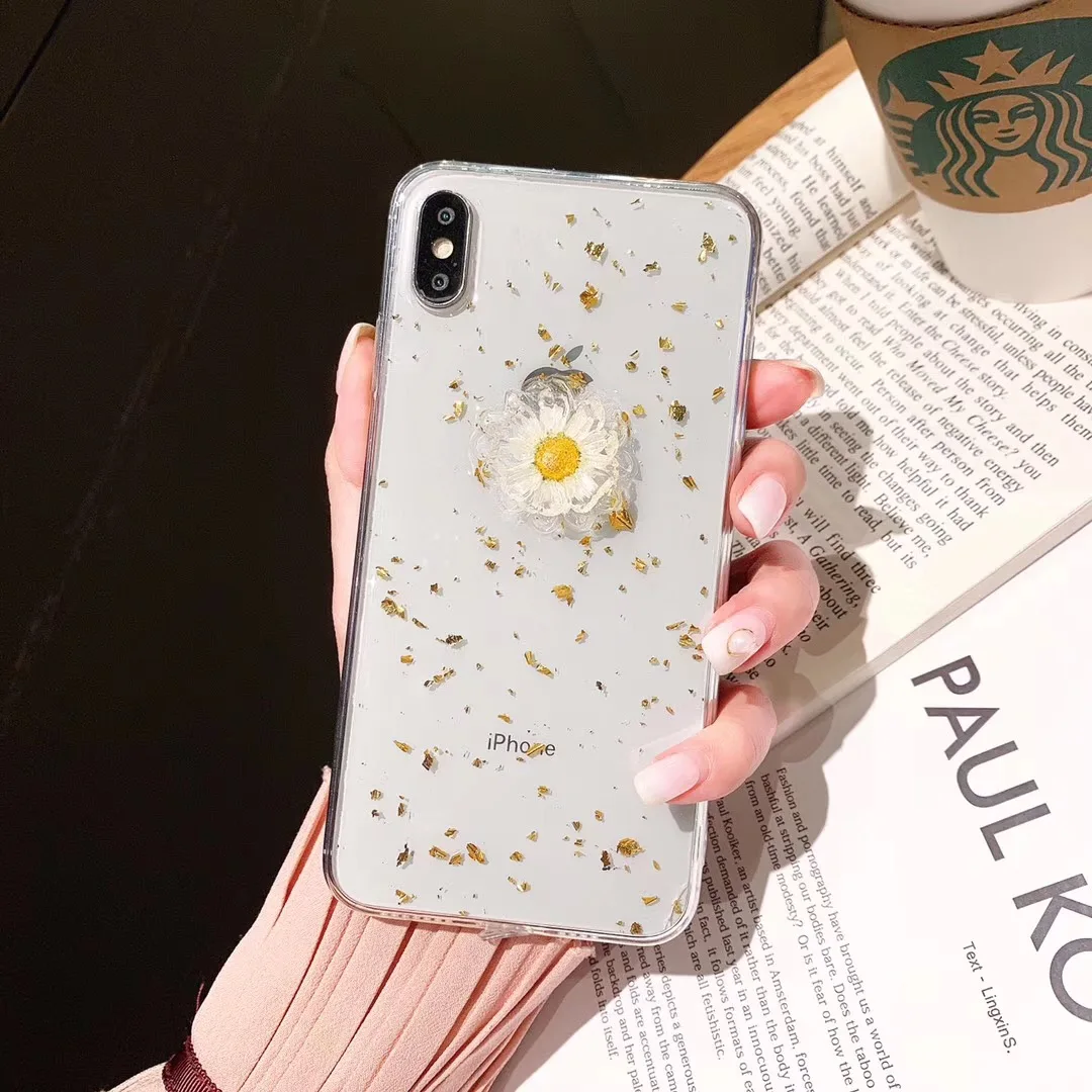 Glitter 3D Daisy Dried Real Flowers Clear Phone Case For iPhone XS Max XR 6 6S 7 8 Plus X Transparent Soft Silicone Cover |