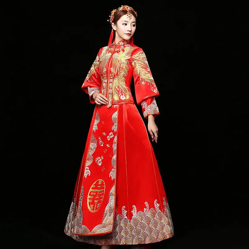 Традиционный китайский свадебное платье Вышивка Cheongsam красный Qipao длинный халат