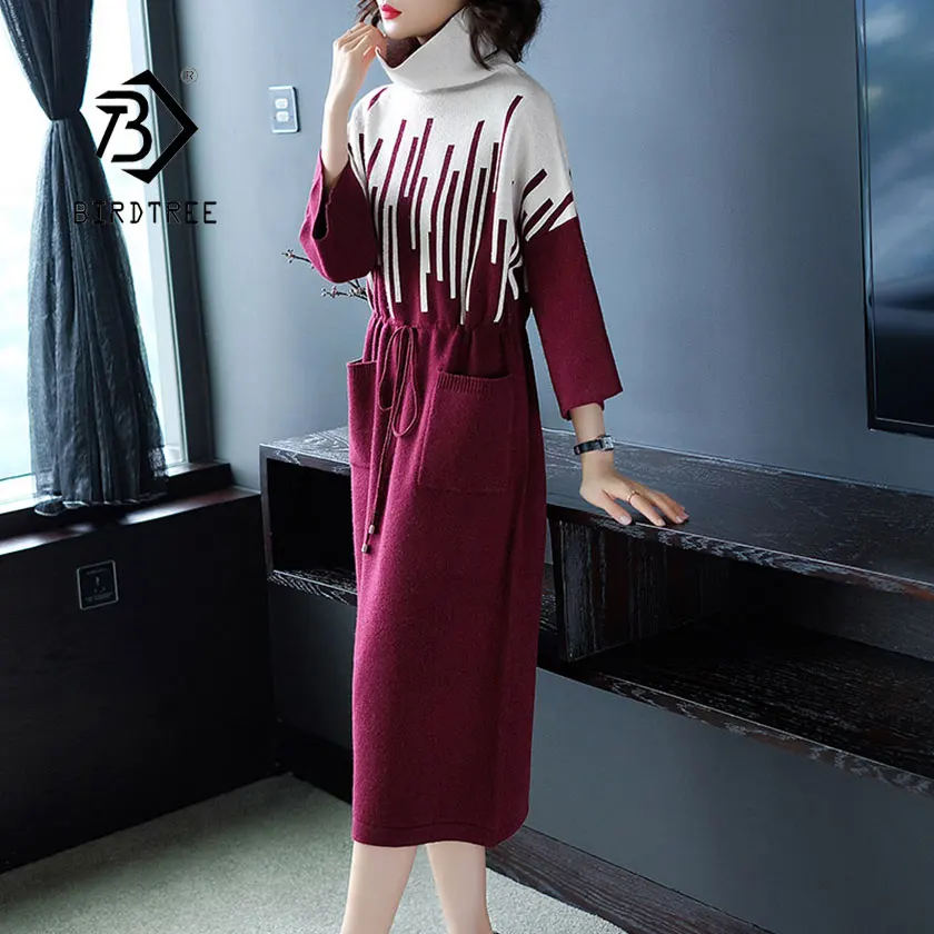 2019 Women's Winter Knitted Sweater Long Dresses Pockets Pullovers Turtleneck Elastic Waist Geometric Casual Hot Sales S93109Z | Женская
