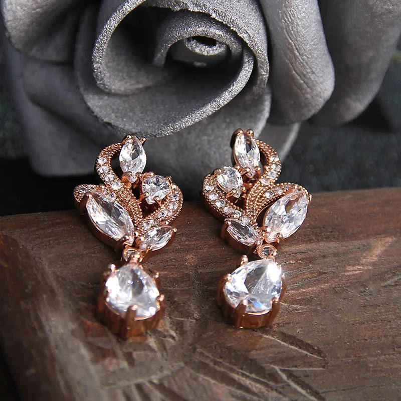 Rose Gold LXOEN Модные прозрачные Для женщин свадебные серьги с AAA циркон цветок падение серьги цвета: золотистый, серебристый цвет Серьги Браслеты Mujer подарки - Окраска металла: Rose Gold