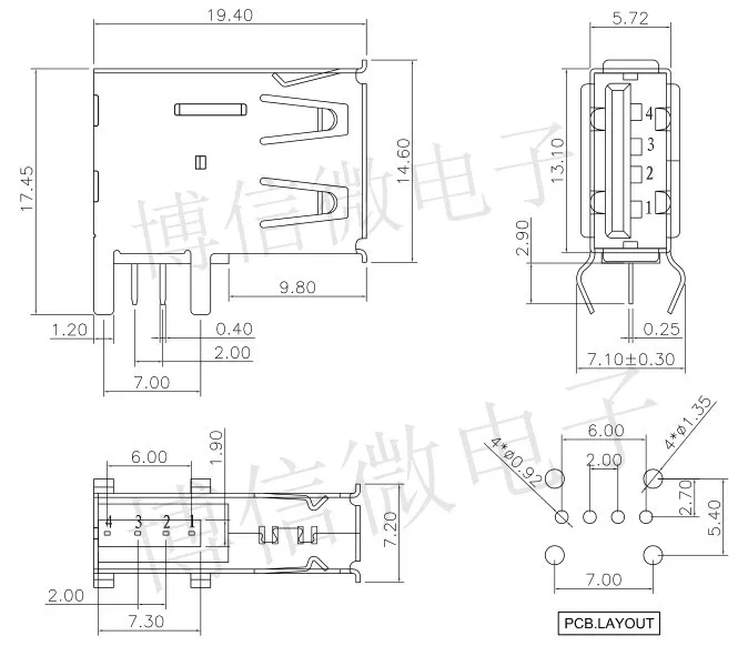 10 шт. Женский боковой штекер корпус Af Usb интерфейс передачи данных 90 градусов