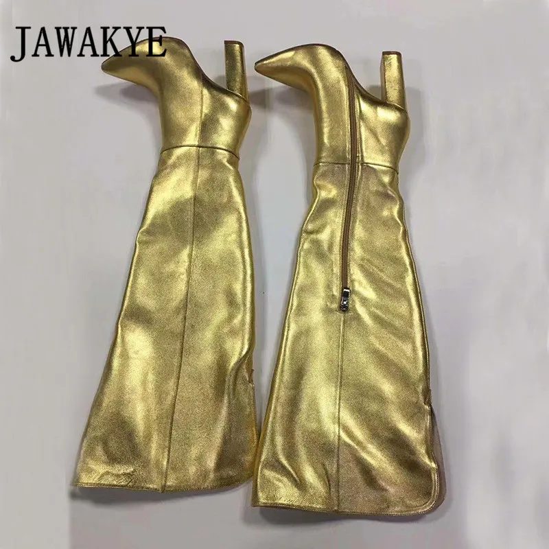 gold thick heel JAWAKY/Подиумные Кожаные Сапоги выше колена золотистого цвета пикантные женские Клубные вечерние туфли на шпильке с острым носком женские рыцарские сапоги - Цвет: gold thick heel