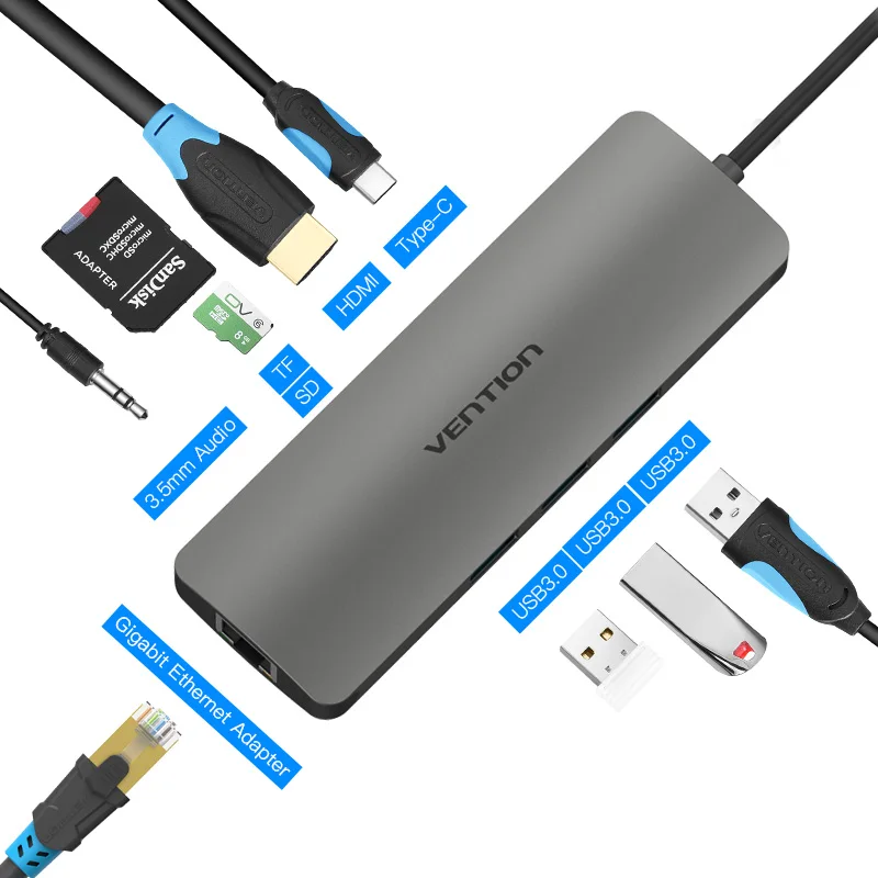 Vention USB HUB Type C To 3 0 с PD Power HDMI 5 мм аудио RJ45 гигабитный Ethernet адаптер SD/TF кардридер |
