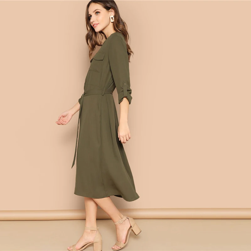 SHEIN закатать рукава рубашки с карманами поясом длинное платье Для женщин Весна с круглым вырезом Повседневное платье с длинным рукавом Женские миди платья
