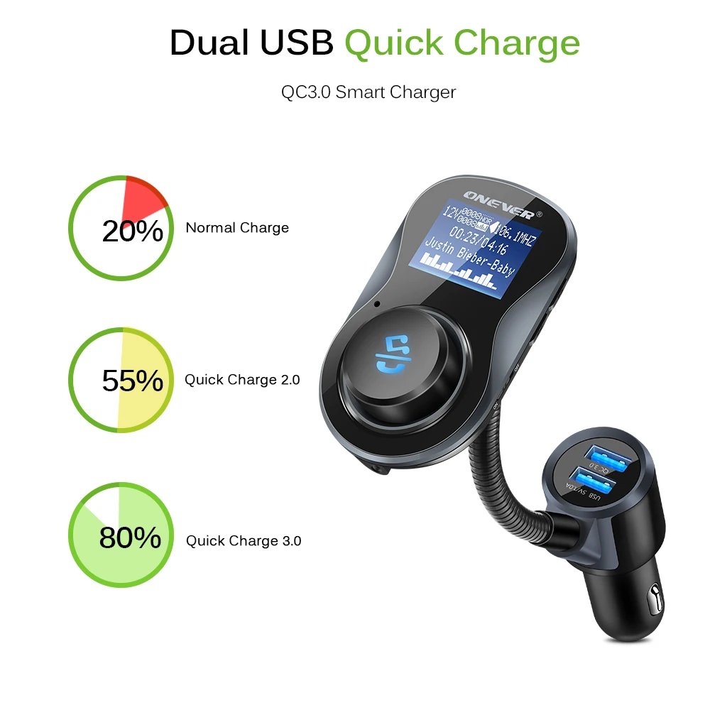 Onever QC 3 0 USB зарядное устройство с двумя портами Bluetooth FM-передатчик автомобильный