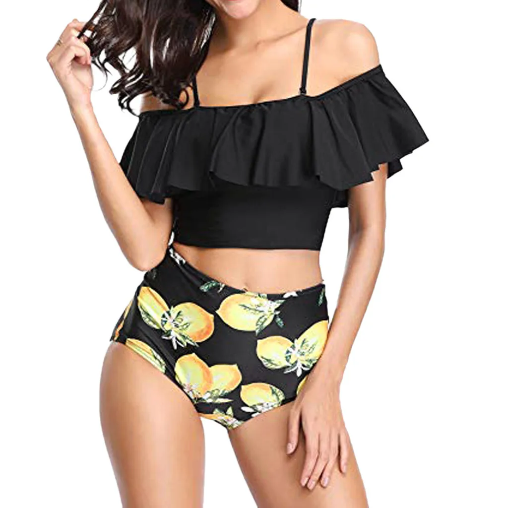 Женский купальный костюм из двух частей топ с оборками и высокой талией комплект