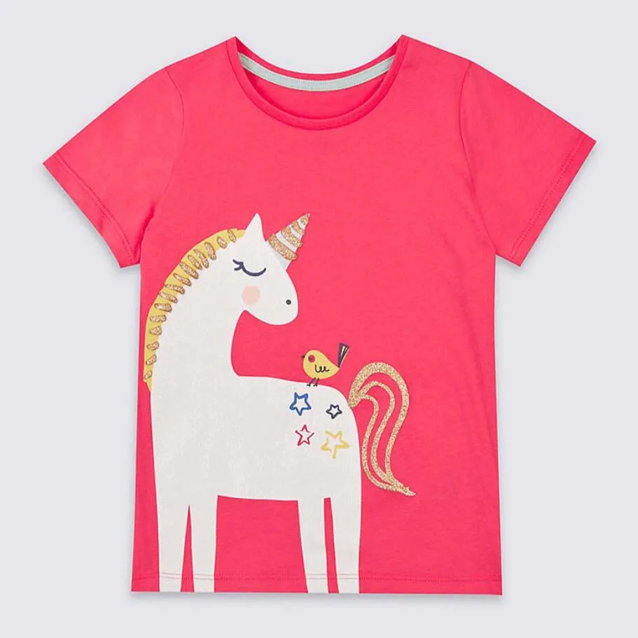 Girls summer clothes 1-7T girls O-neck Tees children pure cotton T-shirt kids cartoon horse shirt infant high quality outwear | Мать и