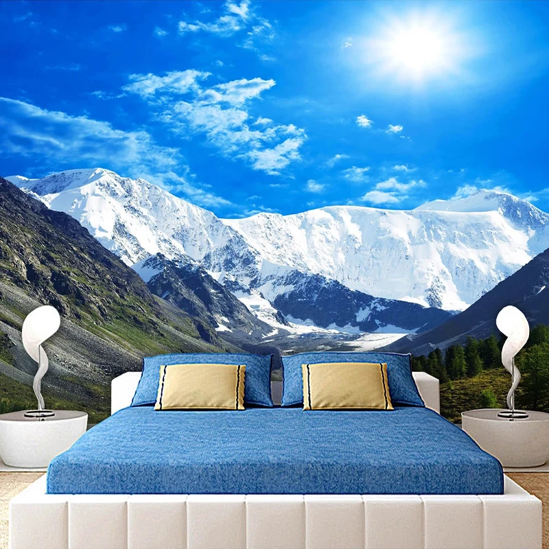 Custom Mural Waterproof Self-adhesive Wallpaper Blue Sky Snow Mountain Scenery 3D Photo Wall Paper For Living Room Bedroom Decor
