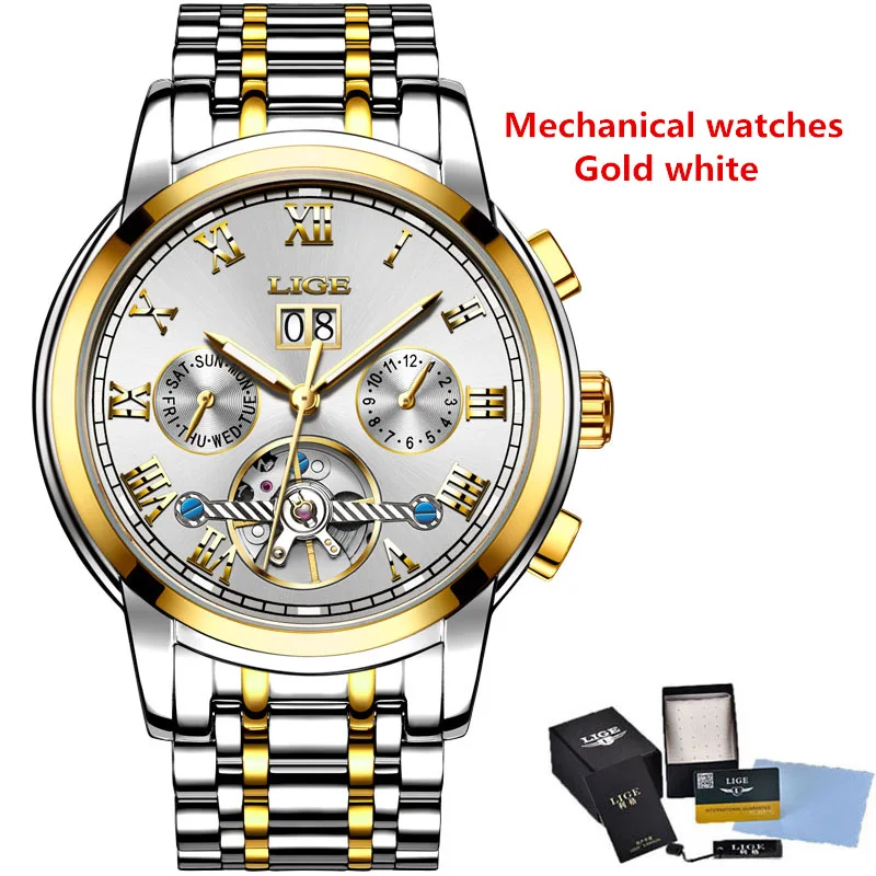 Gold white mechanic Мужские часы Лидирующий бренд LIGE модные роскошные деловые автоматические механические мужские военные стальные водонепроницаемые часы Relogio Masculino - Цвет: Gold white mechanic